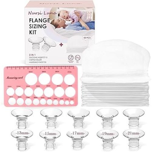 Flange Sizing Kit with Flange Inserts 13/15/17/19/21mm 10PCS, Nipple Ruler, 50 Pads, Silicone Flange Insert Kit for 24mm Most Breast Pumps, Pumping Breastfeeding Essentials for New Moms