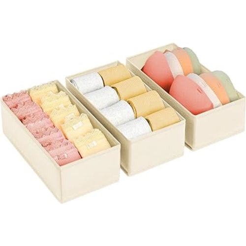 DIMJ Drawer Organizer - Small Clothes Organizer Set of 3, Drawer Dividers for Baby Clothes, Underwear, Socks, Bra, Belt, Tie - Beige