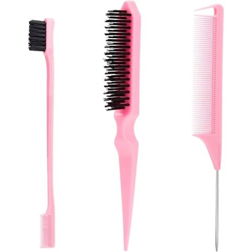 3 Pcs Slick Back Hair Brush with Rat Tail Comb, Edge Brush, Bristle Brush, Teasing Brush Set for Sleek Ponytail/Bun, Edge Control and Smoothing Baby Hair & Flyaways - Pink