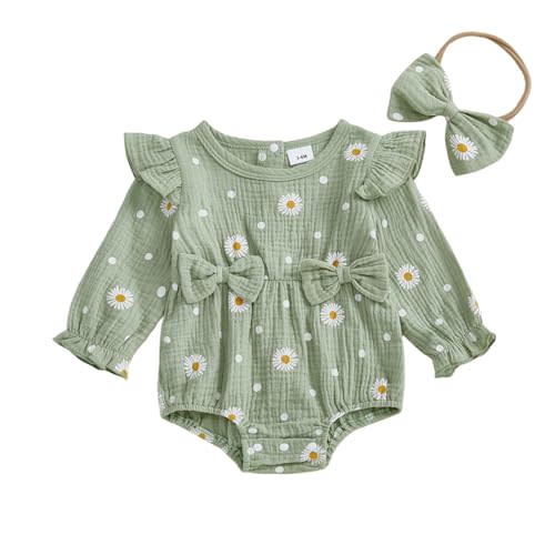 Kaipiclos Newborn Infant Baby Girl Clothes Rompers Fall Winter Jumpsuits Long Sleeve Daisy Print Romper with Headband