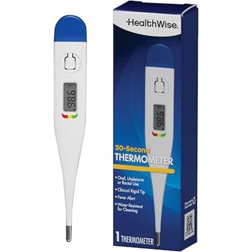 Healthwise Digital Thermometer | 30-Second Readout | Feverline Indicator | Clinical Rigid Tip | Hygienic Water-Resistant Easy Cleaning | Storage Case + Probe Covers Included