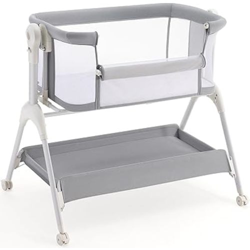HARPPA Cuddly Baby Bassinet Bedside Sleeper, 3 in 1 Rocking Bassinet with Mattress and Soft Sheet, Full Mesh Sides, 5 Height Adjustable with Wheels for Newborns