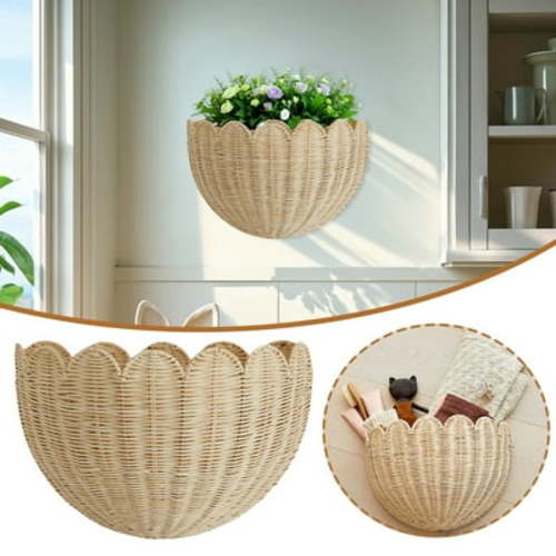 Scalloped Wicker Wall Basket - Hand Woven Basket – Scalloped Décor Wall Hanging Baskets - Hanging Wall Basket