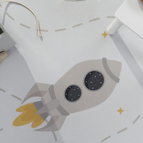 Paco Home Kids Rug Space Play Mat with Rockets Planets and Stars in Cream, Size: 6'7" Round