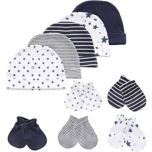 Baby Hat and Mittens Set Newborn Baby Hats Caps for Baby Boys Girls 0-6 Months 100% Cotton