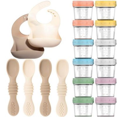 12pc Glass Baby Food Storage Jars, 4 Silicone Baby Spoons & 2 Silicone Bibs, Baby Mealtime Essentials – BPA-Free, Leakproof, and Dishwasher Safe