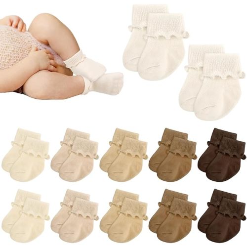 Toulite 12 Pairs Preemie Newborn Baby Ankle Socks Ruffle Turn Cuff Cotton Non-slip Warm Socks for Girls and Boys Infant
