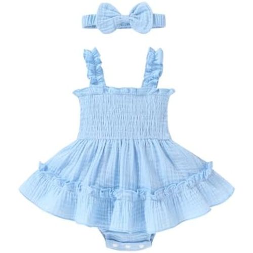 Happy Town Infant Baby Girl Clothes Toddler Summer Sleeveless Romper Dress with Headband Newborn Jumpsuit Outfits