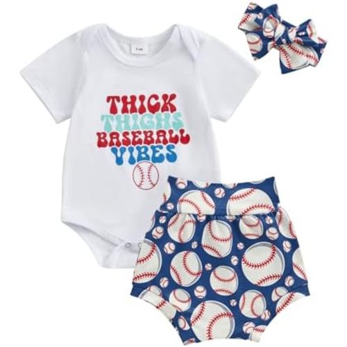 Baby Girl Baseball Outfits Letter Print Short Sleeve Romper Baseball Bummie Shorts Headband Set 3Pcs Summer Outfits
