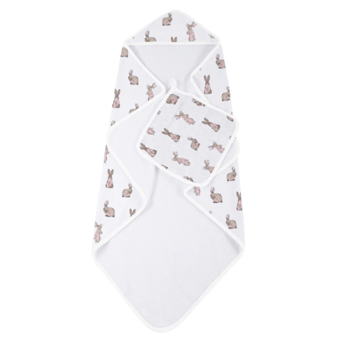 Powder Pink Bunnies Bamboo Hooded Towel and Washcloth Set Newcastle Classics