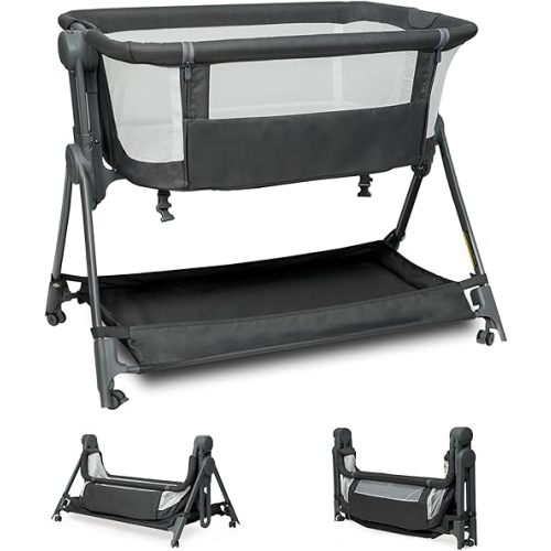 Bassinets Bedside Sleeper, Baby Bassinet One-Button Folding Portable Bedside Bassinets, Breathable Mesh and Soft Mattress, Adjustable Height Baby Crib with Storage Basket and Wheels for Newborn