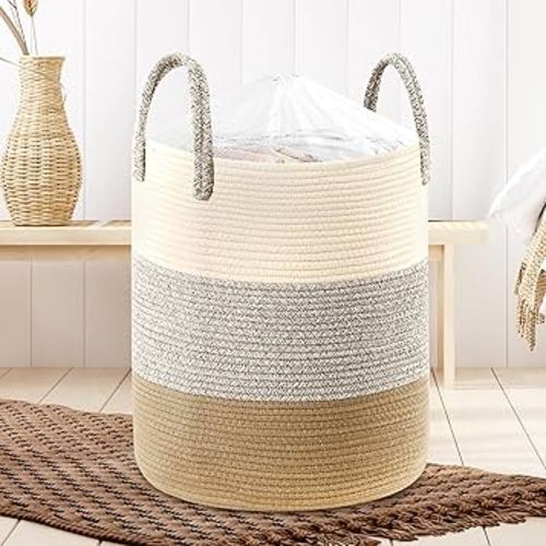 Jolitac 58L Large Woven Laundry Hamper, Laundry Basket with laundry Bag Blanket Basket Tall Wicker Laundry Baskets for Clothes Pillows Towels Shoes in Living room Bedroom, 15" x 20"