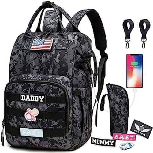 Camo Diaper Bag Backpack for Dad and Mom with USB Charging Port Stroller Straps and Insulated Pocket,army military Travel Nappy Backpack (DADDY and MOMMY patches)