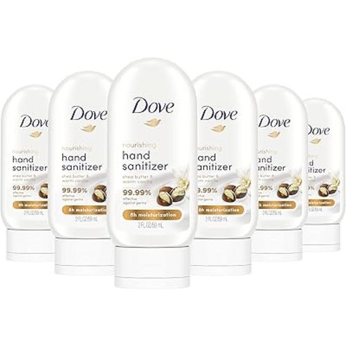 Dove Nourishing Hand Sanitizer 99.99 percent Effective Against Germs Shea Butter and Warm Vanilla Antibacterial Gel with 61 percent Alcohol and Lasting Moisturization For Up to 8 Hours 2 oz 6 Count