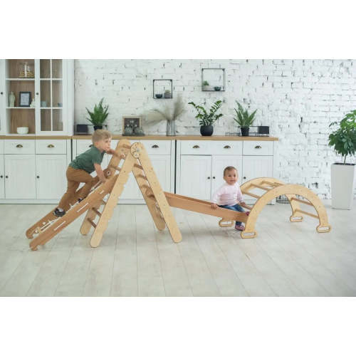 4in1 Montessori Climbing Frame Set: Triangle Ladder + Arch/Rocker + Slide Board/Ramp + Netting rope