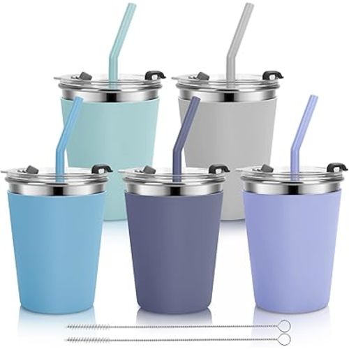 Stainless Steel Kids Cups with Lids and Straws Leakproof, 5 Pack 12oz Spill Proof Cups for Toddlers Kids Tumblers Unbreakable Sippy Cup with Straws for School, Outdoor