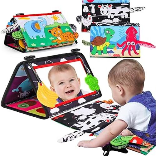 Baby Mirror Tummy Time Toys 0-3 3-6 Months with Crinkle Cloth Books Infant High Contrast Newborn Sensory Toy Baby 3 4 5 Month Black and White Toy for 0-6 7 9 Month Babies 6-12 Month