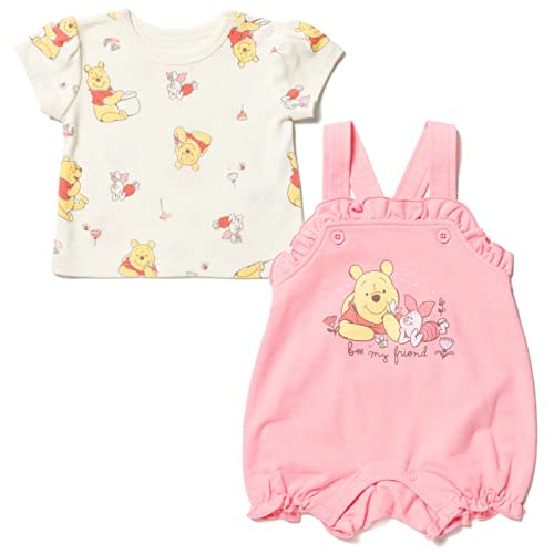 Disney Minnie Mouse Winnie the Pooh Baby Girls French Terry Short Overalls and T-Shirt Newborn to Infant