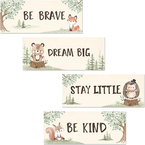 4Pcs Woodland Animal Wooden Wall Art Decor Bear Fox Nursery Wood Wall Hangings Kids Bedroom Baby Nursery Wall Decor (W: 11.8inches/30cm)