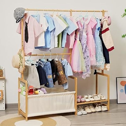 Kids Clothing Rack with Storage, Baby Clothes Rack Organizer Made of Natural Bamboo, Adjustable Hanging Rods for Dresses, Jackets, T-Shirts, Child Safe kids closet for Bedroom or Playroom