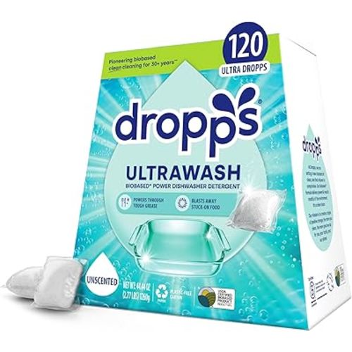 Dropps UltraWash Dishwasher Pods, Unscented (120 Count) - Biobased Power Deep Clean Dishwasher Detergent Tablets for Sparkling Shiny Dishes - No Rinse Aid or Pre-Wash Needed - Dishwashing Pods
