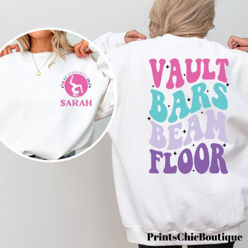 Personalized Name Gymnastics Vault Floor Bars Beam Sweatshirt, Custom Girls Gymnast Sweatshirt, Gift for Gymnast, Youth & Adult Sizes