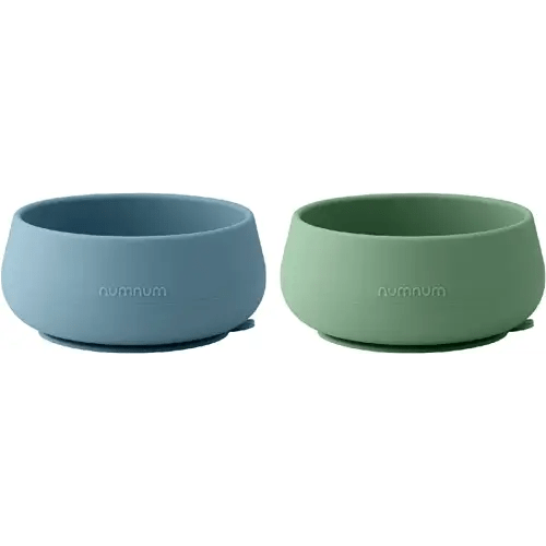 NumNum Suction Bowls | Extra Strong Suction | Non-Slip Design | Durable 100% Food Grade Silicone BPA-Free | for Babies & Toddlers 4 months+, 2 Baby Bowls (Blue/Glacier Green)