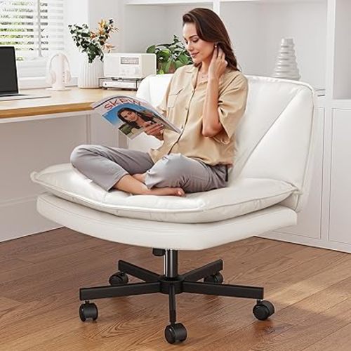 Armless 27" Wide Criss Cross Chair with Wheels,Leather Cross Legged Office Chair with 2-Layer Cushion,Swivel Modern Home Office Desk Chair Wide Seat Height Adjustable,Comfy Vanity Chairs,White