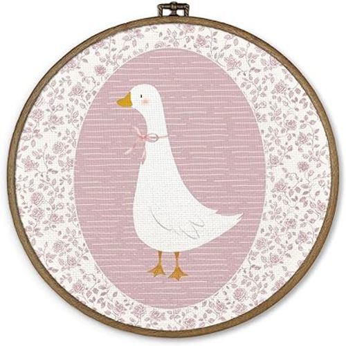 dvhdajed Coquette Pink Bow Goose Round Wall Art Decor, Preppy Goose Framed Canvas Art, Pink Nursery Wall Decor,Gooses Floral Wall Hanging Decor for Baby Nursery Bedroom Living Room, 10x10 In