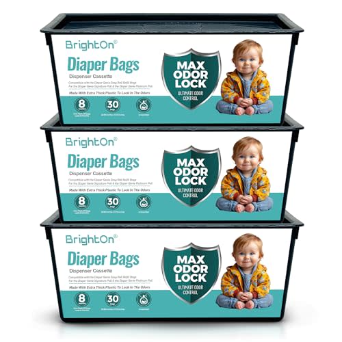 BrightOn Diaper Pail Refills with 90 Bags Compatible with Genie Easy Roll Signature Diaper Pails, 3-Pack (90 Bags) (Unscented)