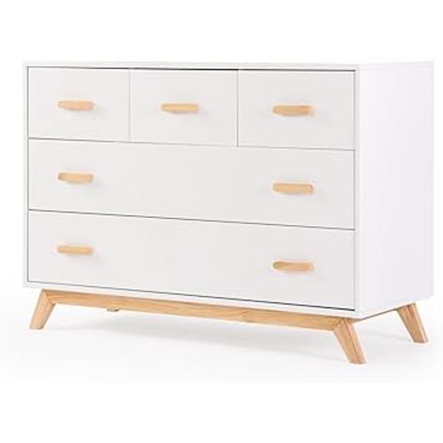 dadada Soho 5-Drawer Dresser for Nursery and Bedroom - Modern Design, Large Storage, Baby-Safe Finish, Soft Close Drawers, Anti-Tip Safety, Sturdy Legs & Solid Wood Handles, 47” Wide (White+Natural)