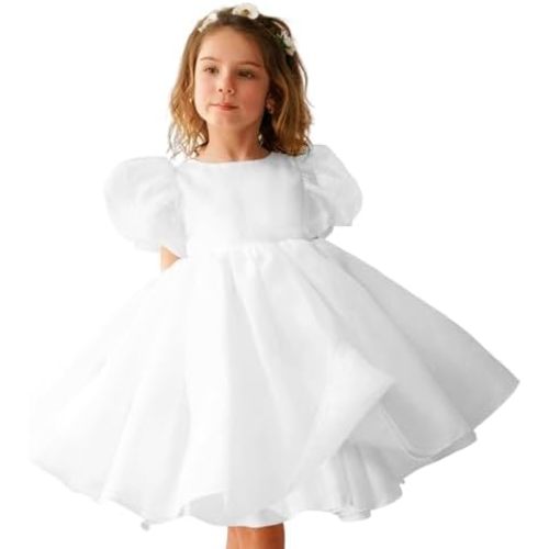 Toddler Flower Girl Dresses for Wedding Organza Puff Sleeve Prom Ball Gown for Girls Formal Party
