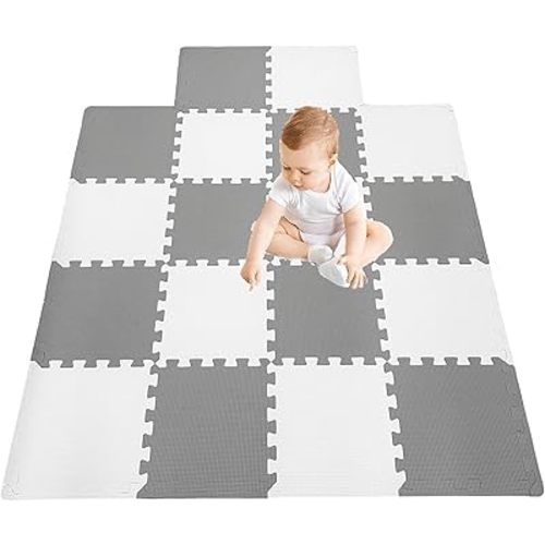 18 Pieces Foam Play Mat, Interlocking Playmat Tiles, Foam Floor Mat Tiles for Kids, Puzzle Play Mats, Exercise Gym Mats – Color of Gray & White with Border