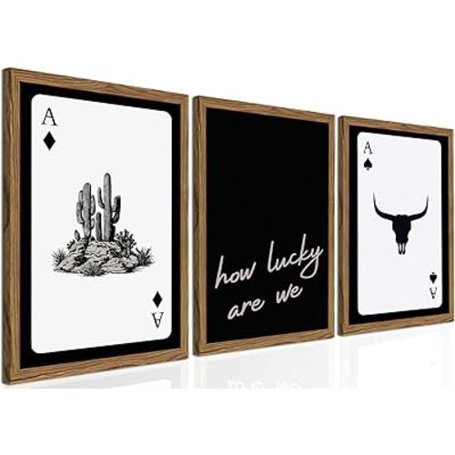 Western Wall Art Set of 3, Southwestern Cowboy Playing Card Wall Decor, Longhorn Bull Skull and How Lucky are We Poster Canvas Painting Prints for Bedroom Living Room 12x16 inch Wood Framed