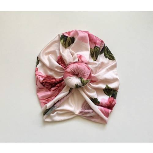 Baby Turban Hat in "Bridgette" pale blush and pink Floral, Turban Bun Hat, Turban Top Knot Hat, baby beanie, Baby Hat, Baby Turban