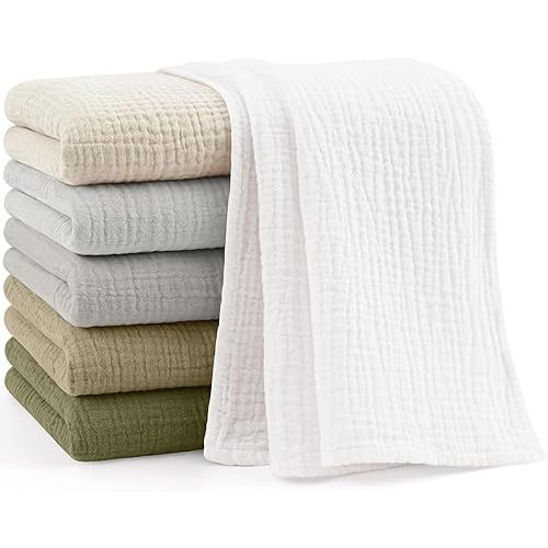 Bearmoss 6 Pack Muslin Burp Cloths for Baby, 100% Cotton Soft Large Burping Cloths for Unisex, Boy, Girl, 23.6" X 23.6" Newborn Essentials Absorbent Milk Spit Up Rags (Gray Green)