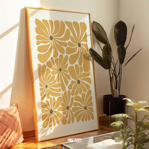 Boho Yellow Flowers Henri Matisse Inspired Ochre Floral Print Midcentury Modern Gold Wall Art, Flower Market Poster Download Golden Poster