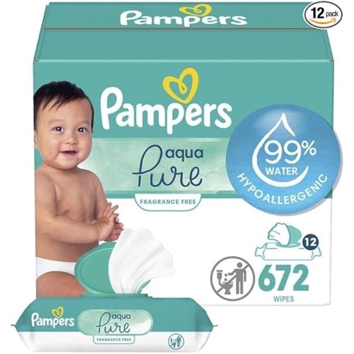 Pampers Baby Wipes Aqua Pure, 99% water-based wipes, Hypoallergenic and Unscented Baby Wipes, 672 Wipes Total (12 Flip-Top Packs)