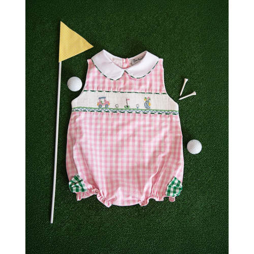 Golf Smocked Pink Checked Bubble with Bow Detail