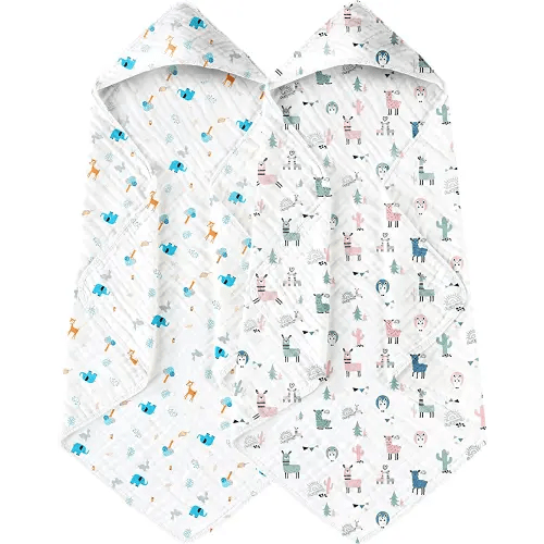 Yoofoss Hooded Baby Towels for Newborn 2 Pack 100% Muslin Organic Cotton Baby Bath Towel with Hood for Babies, Infant, Toddler and Kids, Large 32x32Inch, Soft and Absorbent Newborn Essential