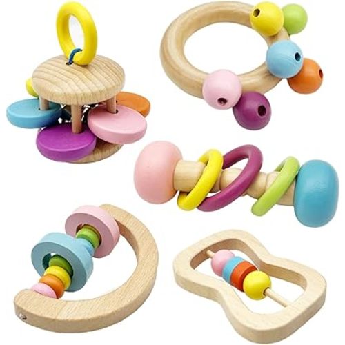 Wooden Baby Rattle, Organic Colorful Baby Rattles Set, Toddler Hand Wooden Rattles Toy Set for Infant Grasping, Sensory Development, Gift for Baby Boys Girls