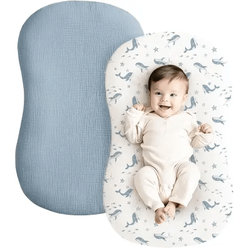 Konssy Muslin Baby Lounger Cover 2 Pack, 100% Cotton Newborn Lounger, Soft and Breathable for Boys Girls, Covers Only (Blue Whale, Blue)