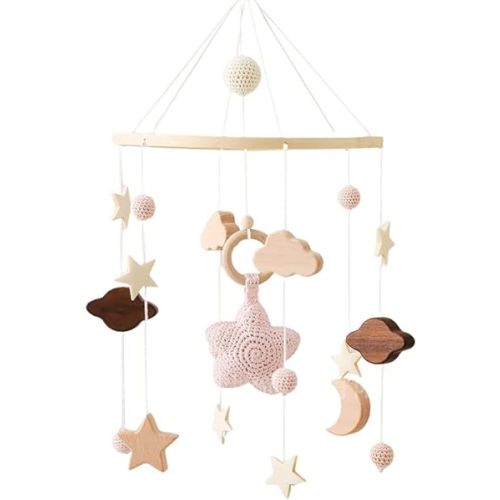 Baby Crib Mobile, Boho Moon Stars Clouds Baby Mobile for Crib Boy Girls Bed Bell Baby Shower Boho Nursery Decor