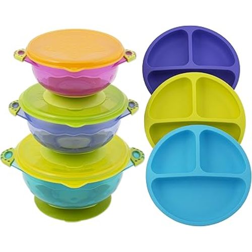 EVLA'S Silicone Plates & Baby Bowls Set, Suction Bowls with Lids and Divided Plates, Unbreakable, Easy-to-Clean Feeding Set for Growing Babies and Toddlers