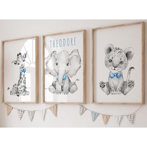 Safari Animals Boys Nursery Bedroom Unframed Set of 3 Poster Prints, Personalized Name Blue Green Yellow Bow Tie Wall Art Decor New Baby Gift Present, Elephant Giraffe Lion (11x14)