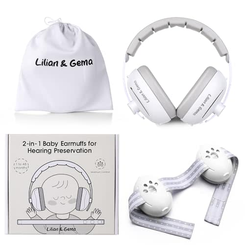 Lilian&Gema 2-in-1 Baby Ear Muffs Noise Protection, Adjustable Headphones with Stretchy Band, Noise Cancelling for Toddler up to 4 Years, Airplane Essentials/Outdoor, White