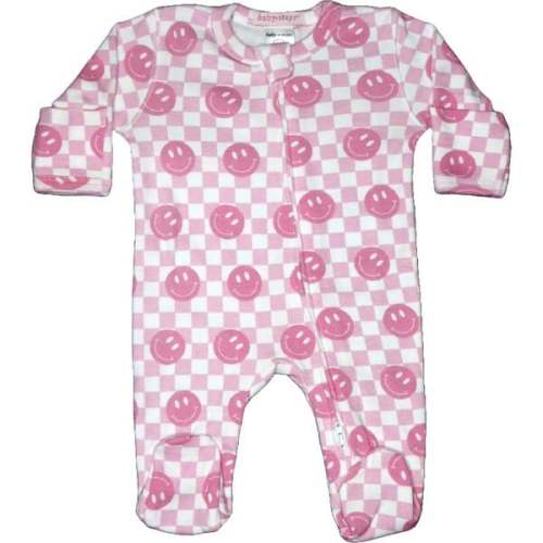Baby Two-Way Zipper Footie, Checkered Pink Smile