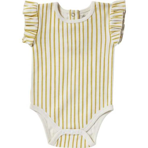 Organic Stripes Away Short Sleeve Ruffle One-Piece, Marigold - Pehr | Maisonette