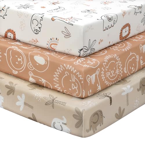FIEMOL Baby Crib Sheets for Boys and Girls, 3 Pack Toddler Bed Sheets for 52”x28” Standard Toddler Mattresses, Soft Microfiber Fitted Crib Sheets Neutral Orange Animal World