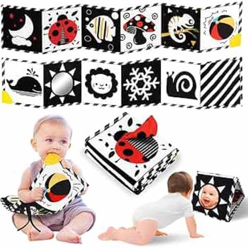 Newborn Toys, High Contrast Baby Books with Teether, Black and White Baby Toys, Montessori Toys 0-6-12 Months Brain Development, Sensory Learning Activities Gift, Tummy Time Toys